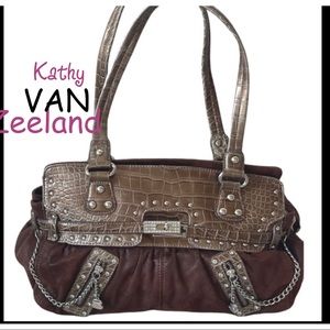 Kathy Van Zeeland croc brown sued handbag satchel
